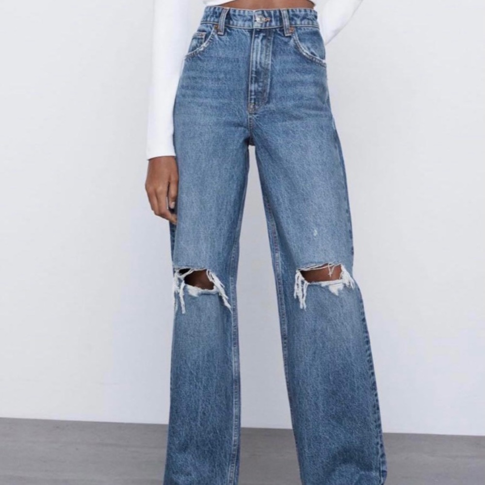 ZARA high waisted wide leg ripped jeans in medium blue